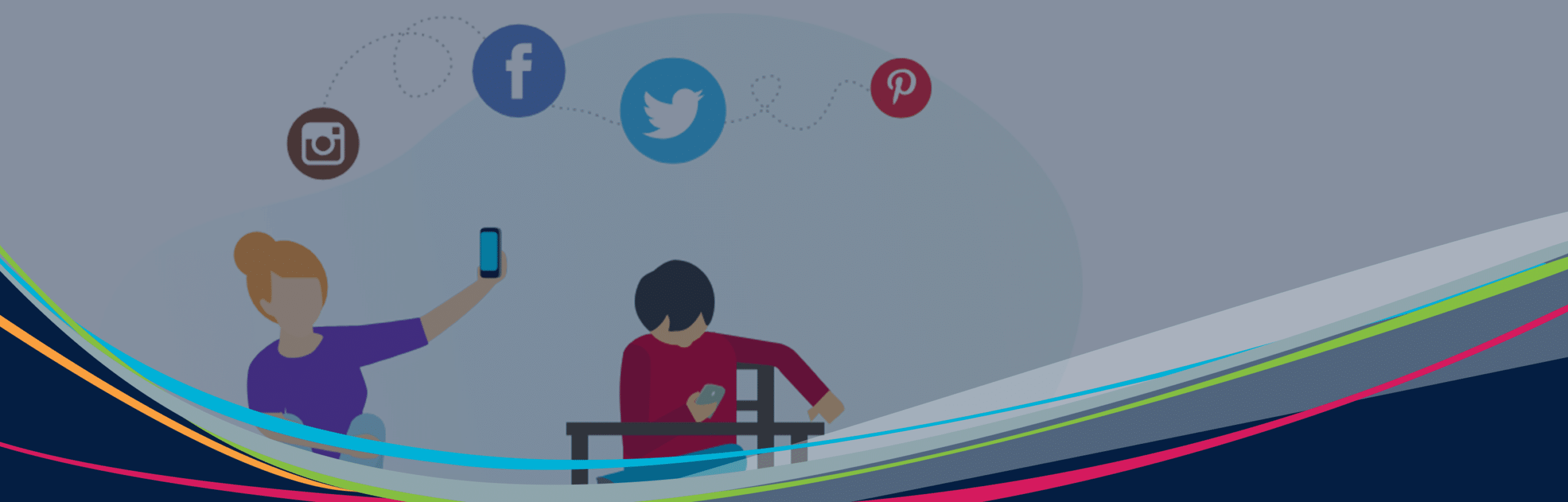 Grafica illustrata di Hero di studenti con dispositivi e icone di social media fluttuanti sullo sfondo