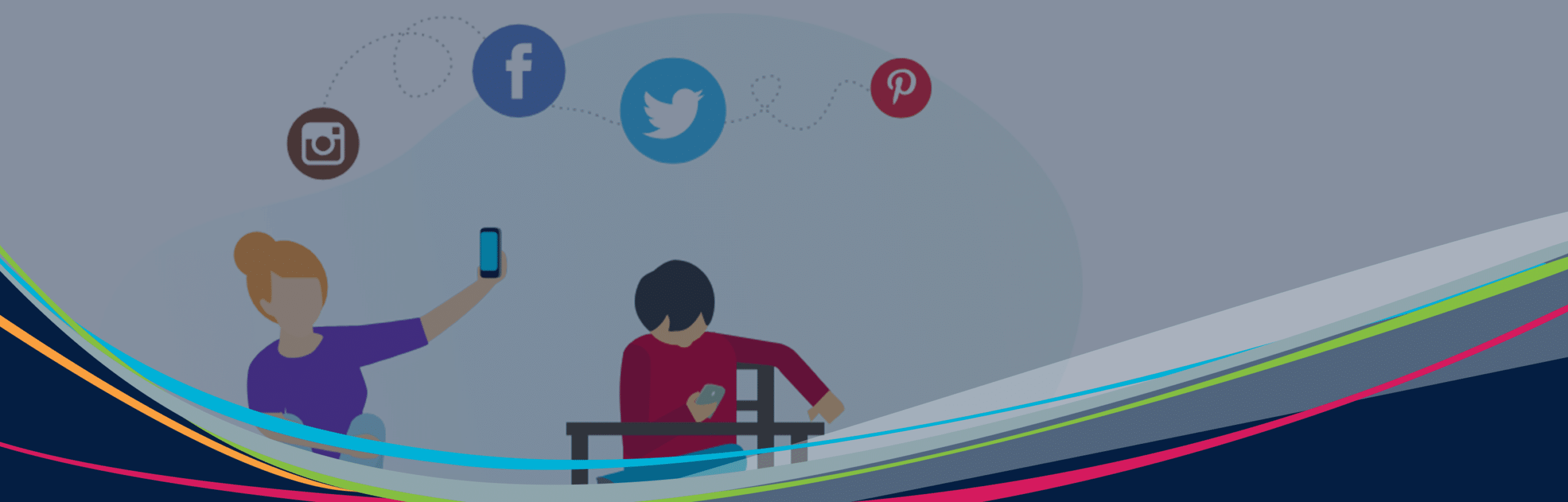 Hero illustrated graphic of students with devices and social media icons floating in background