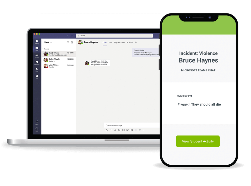 desktop and mobile phone screenshots of Microsoft Teams integration with Lightspeed Alert