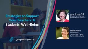 Teacher and student wellbeing webinar graphic with speakers' headshots