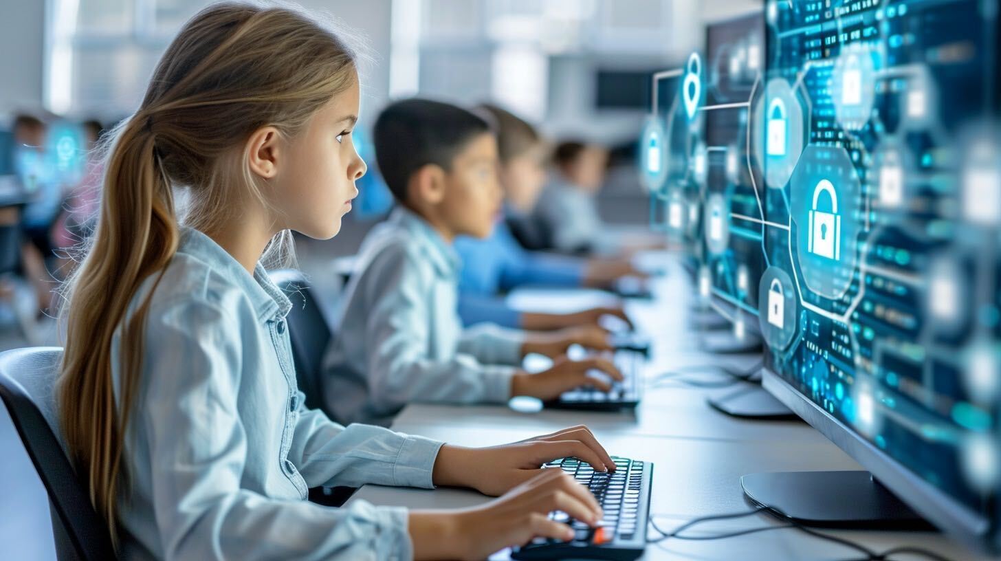 K-12 Cybersecurity kids at computers in classroom