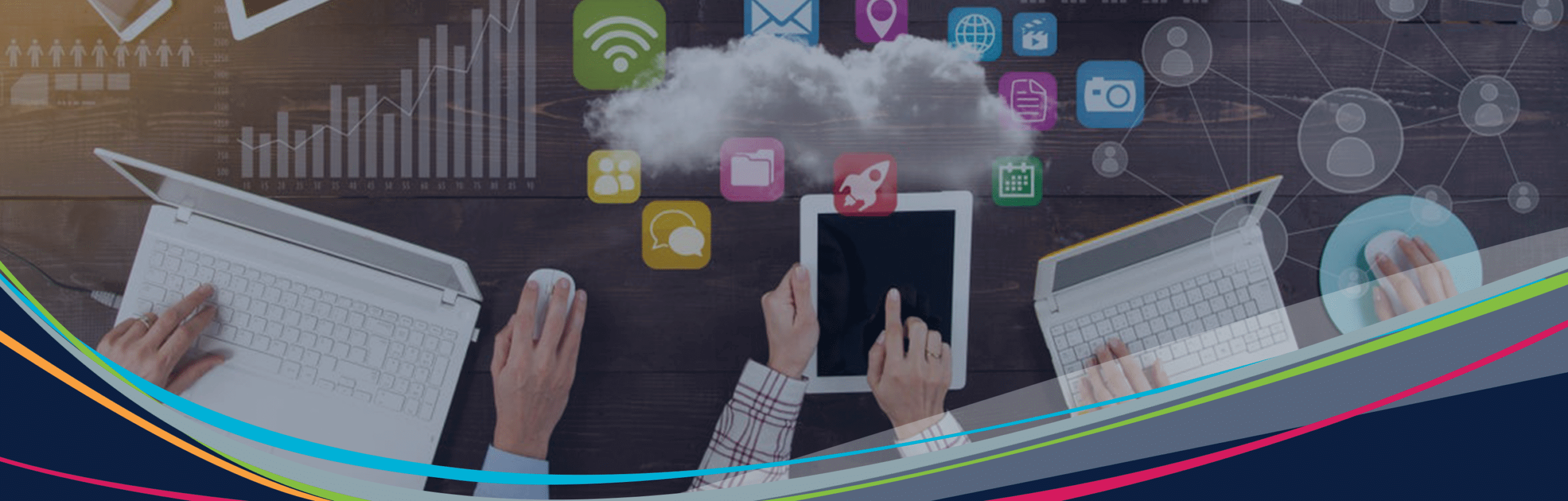 Imagem principal de BYOD e IoT de alunos interagindo com dispositivos mostrando ícones de tecnologia