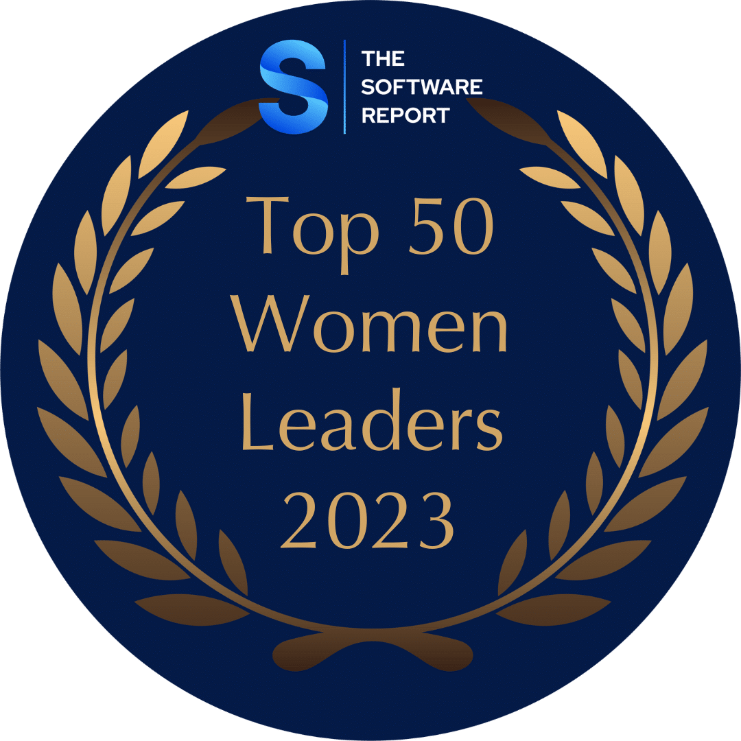 Badge for the Top 50 Women Leaders in SaaS 2023 list by The Software Report.